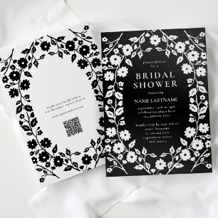 QR Code Black White Folk Floral Bridal Shower Invitation