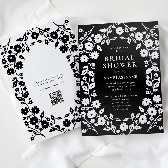 QR Code Black White Folk Floral Bridal Shower Invitation (Creator Uploaded)