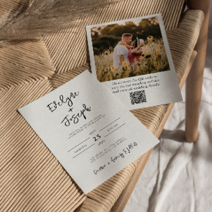 QR Code Black & White Photo Boho Modern Wedding Invitation