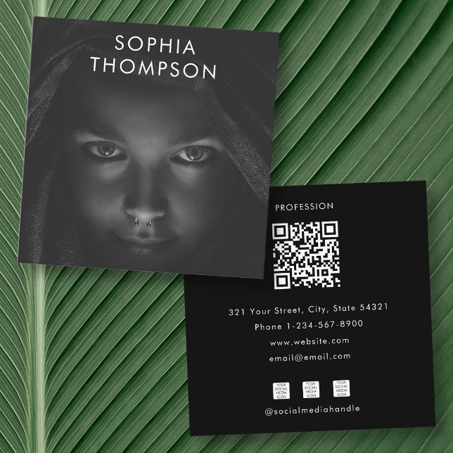QR Code Black White Photo Social Media Icons Square Business Card (QR Code Black White Photo Social Media Icons Square Business Card)