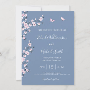 QR Code Blue Cherry Blossom Wedding Invitation