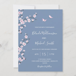 QR Code Blue Cherry Blossom Wedding Invitation