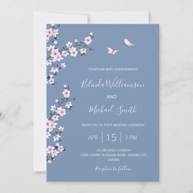 QR Code Blue Cherry Blossom Wedding Invitation (Front)