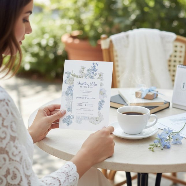 qr code Blue Floral "Something Blue" Bridal Shower Invitation (Creator Uploaded)