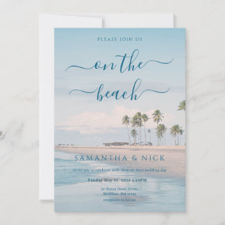 QR Code Blue Ocean Palm Tree Beach Wedding Invitation