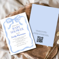 QR Code Blue Ribbon Watercolor Bow Boy Baby Shower
