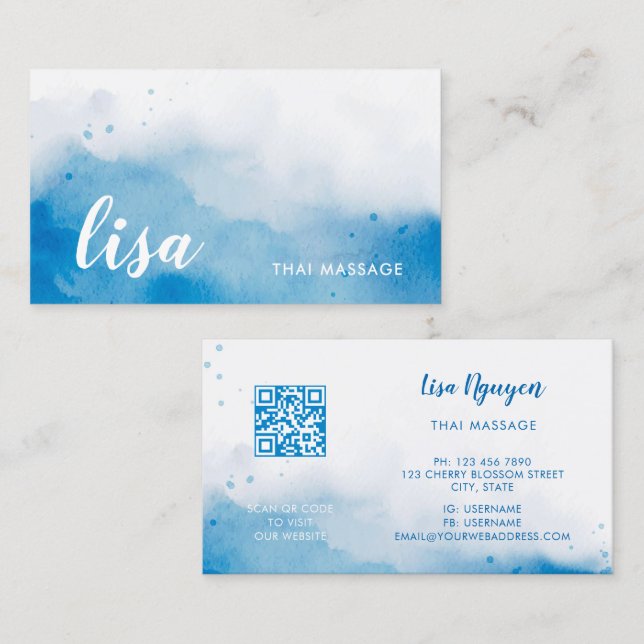 QR Code Blue  Watercolor Background Business Card (Front/Back)