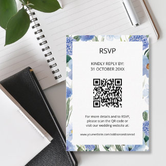 QR Code Blue Watercolor Floral Wedding RSVP Enclosure Card