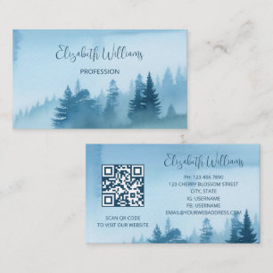 QR Code Blue Watercolor Landscape Business Card