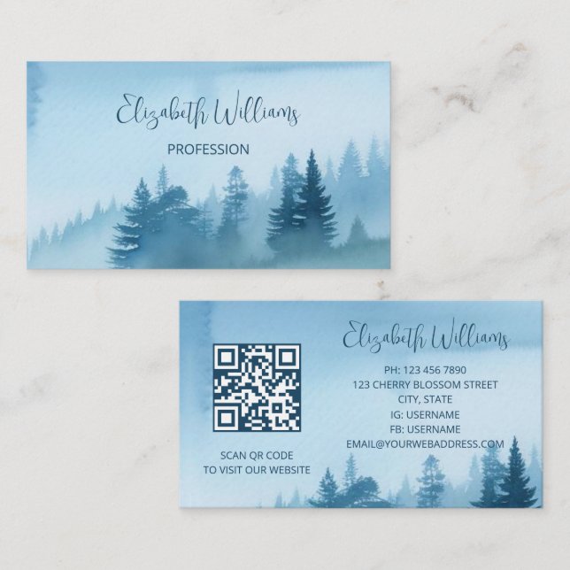 QR Code Blue  Watercolor Landscape Business Card (Front/Back)