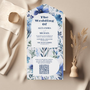 QR Code Blue Watercolor Wildflowers Wedding All In One Invitation