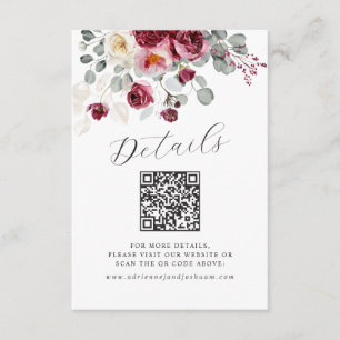 QR Code Blush & Burgundy Floral Wedding Details Enclosure Card