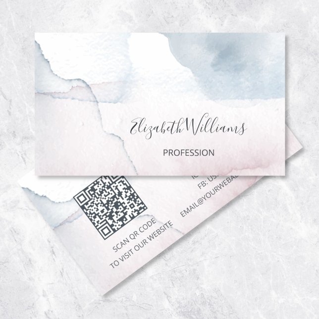 QR Code Blush Dusty Blue  Watercolor Background Business Card (Creator Uploaded)
