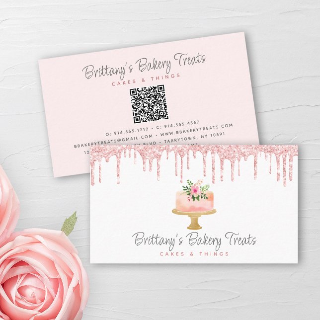 QR Code Blush Pink Cake Glitter Drips Pastry Chef Business Card (Creator Uploaded)