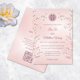 QR Code Blush Pink Cherry Blossom Chinese Wedding Invitation