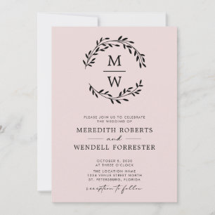 QR Code Blush Pink Monogram Wreath Wedding Invitation