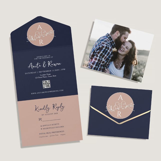 QR Code Blush Pink Navy Blue Wedding All In One Invitation (Creator Uploaded)