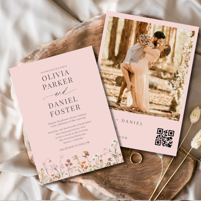 QR Code Blush Pink Photo Wildflower Wedding  Invitation (Creator Uploaded)