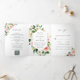 QR Code Blush White Bloom Floral Wedding Tri-Fold Invitation