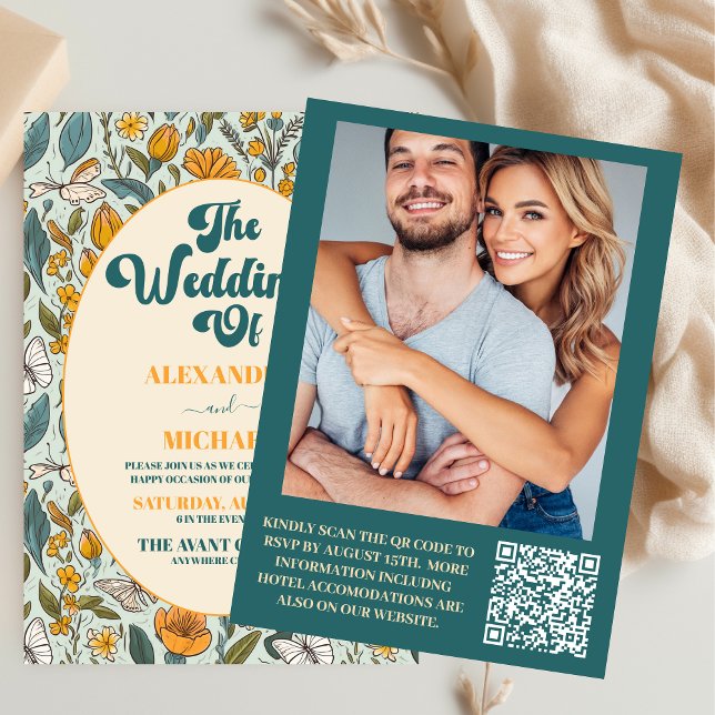 QR Code Boho Chic Retro Colourful Floral Wedding  Invitation (Creator Uploaded)