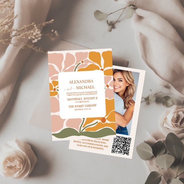 QR Code Boho Chic Retro Floral Wedding Invitation (Creator Uploaded)