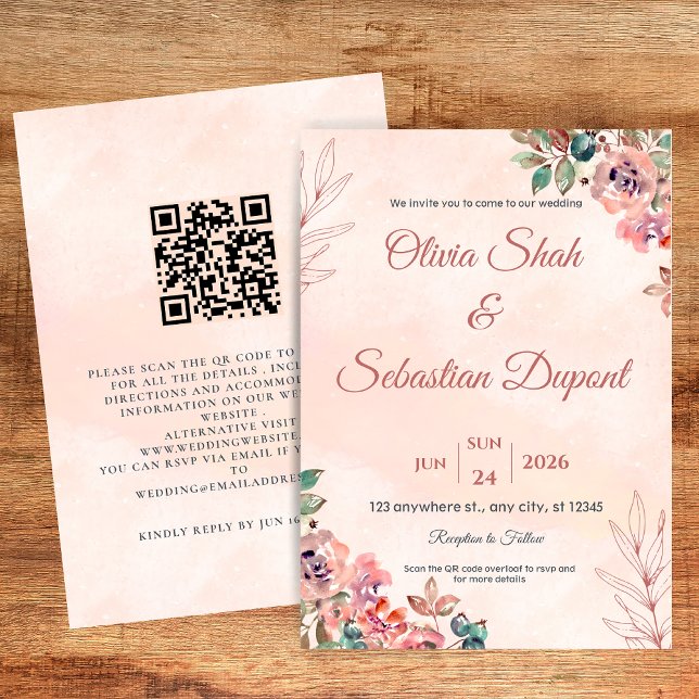 QR Code Boho Floral Wedding Invitation (Creator Uploaded)