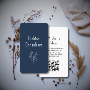 QR code Boho Flower Illustration Simple Navy Blue Business Card