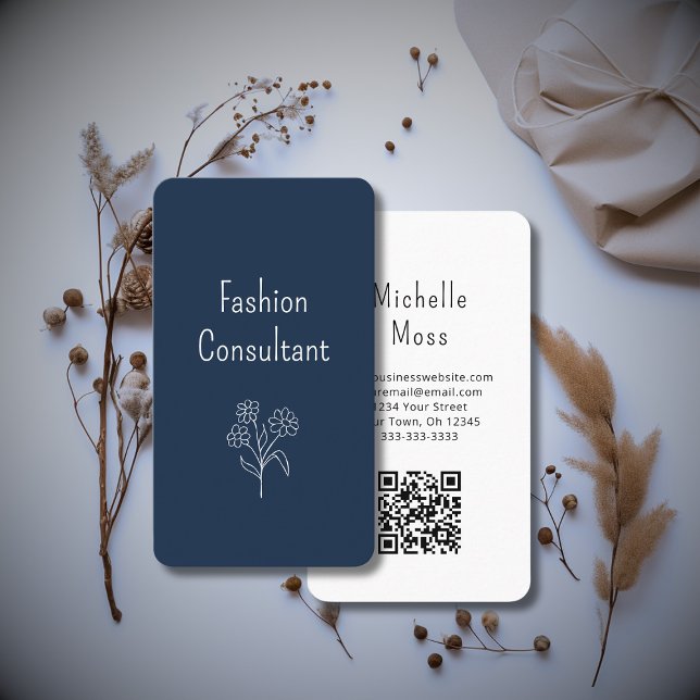 QR code Boho Flower Illustration Simple Navy Blue Business Card (Creator Uploaded)