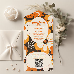 QR Code Boho Retro  Floral Wedding All In One Invitation
