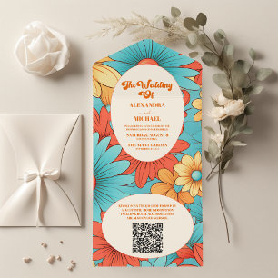 QR Code Boho Retro  Floral Wedding All In One Invitation