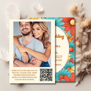 QR Code Boho Retro  Floral Wedding Invitation