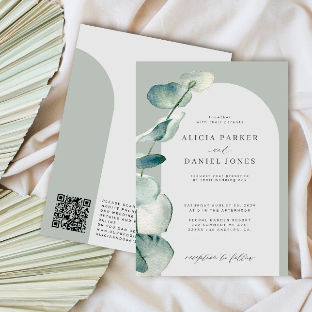 QR code boho sage green arch eucalyptus wedding Invitation (Creator Uploaded)