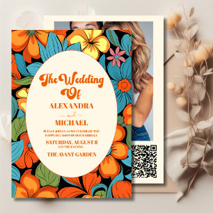 QR Code Boho Seventies Retro Floral Wedding Invitation