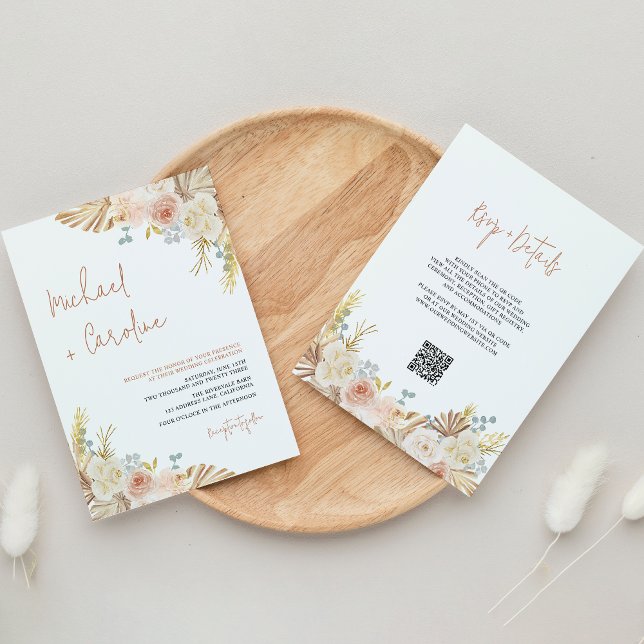 QR Code Boho Terracotta Pampas Floral Wedding Invitation (Creator Uploaded)