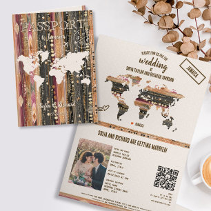 QR Code Boho Wedding Destination Passport Map  Invitation