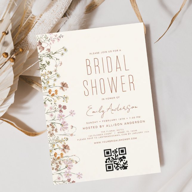 QR Code Boho Wildflower Bridal Shower  Invitation (Creator Uploaded)