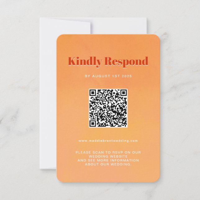 QR Code Bold Modern Orange Sunset Wedding RSVP Card (Front)