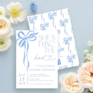 QR Code Bow She's Tying the Knot Blue Shower Invitation