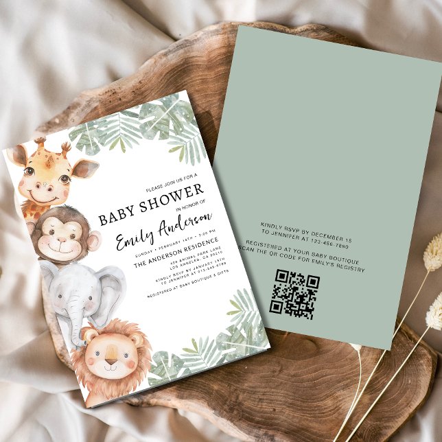QR Code Boys Safari Animals Baby Shower Invitation (Creator Uploaded)