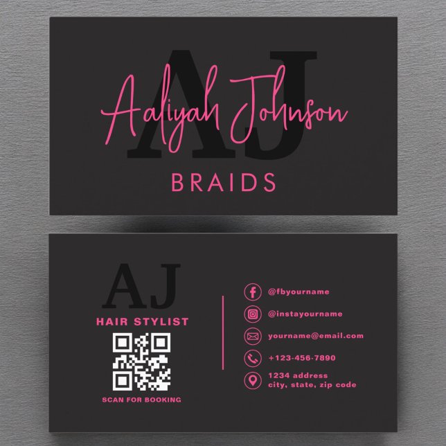 QR Code Braids Hair Stylist Modern Typography  Business Card (Creator Uploaded)
