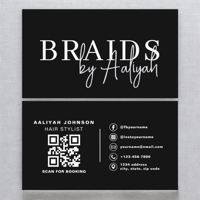 QR Code Braids Hair Stylist Modern Typography  Business Card (Creator Uploaded)