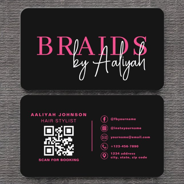 QR Code Braids Hair Stylist Modern Typography  Business Card (Creator Uploaded)