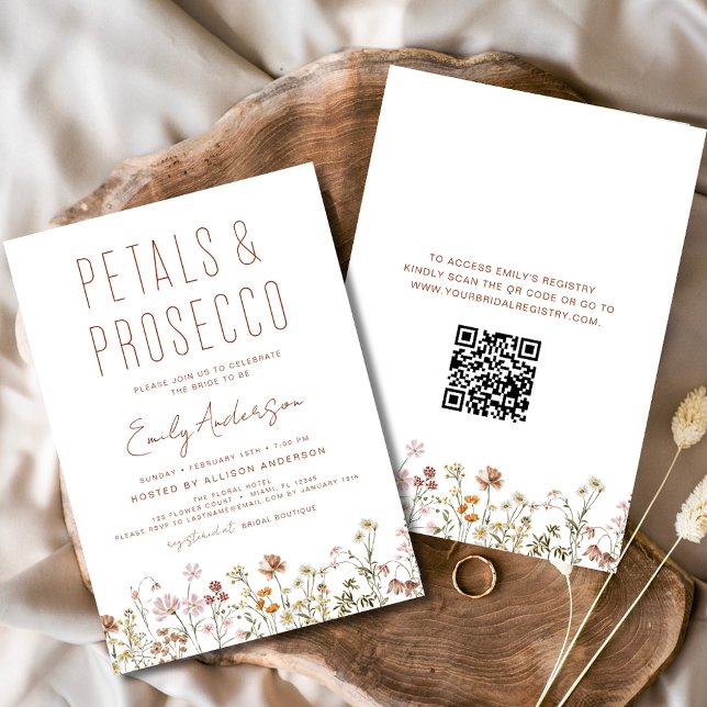 QR Code Bridal Shower Wildflower Petals & Prosecco Invitation (Creator Uploaded)