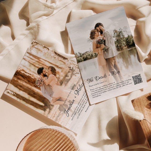 QR Code Budget Overlay 2 Photo Script Wedding Invitation (Creator Uploaded)
