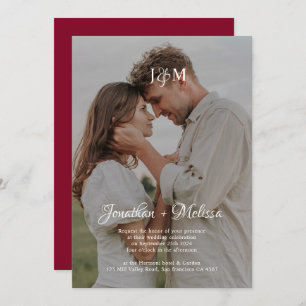 QR Code Burgundy Budget Monogram Overlay Wedding Invitation