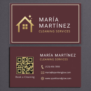 QR Code Burgundy Gold Cleaning Services Business Card