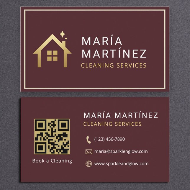 QR Code Burgundy Gold Cleaning Services Business Card (Creator Uploaded)