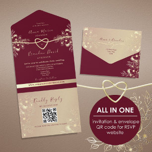QR Code Burgundy Gold Floral Wedding All In One Invitation
