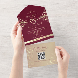 QR Code Burgundy Gold Floral Wedding All In One Invitation