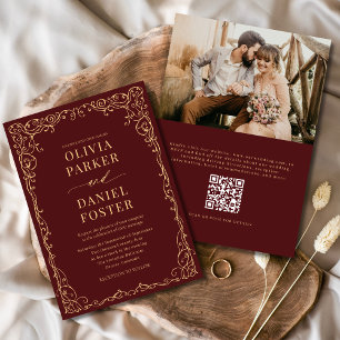 QR Code Burgundy Gold Photo Minimalist Wedding Invitation